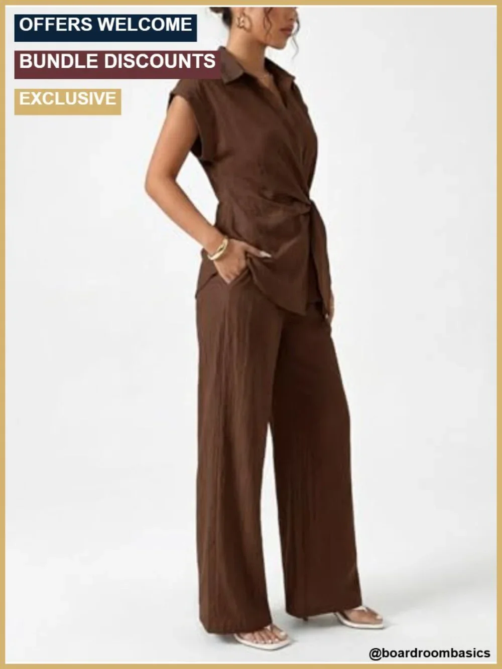 Women's Two Piece Cap Sleeve Tie Waist Wide Leg Pant Set